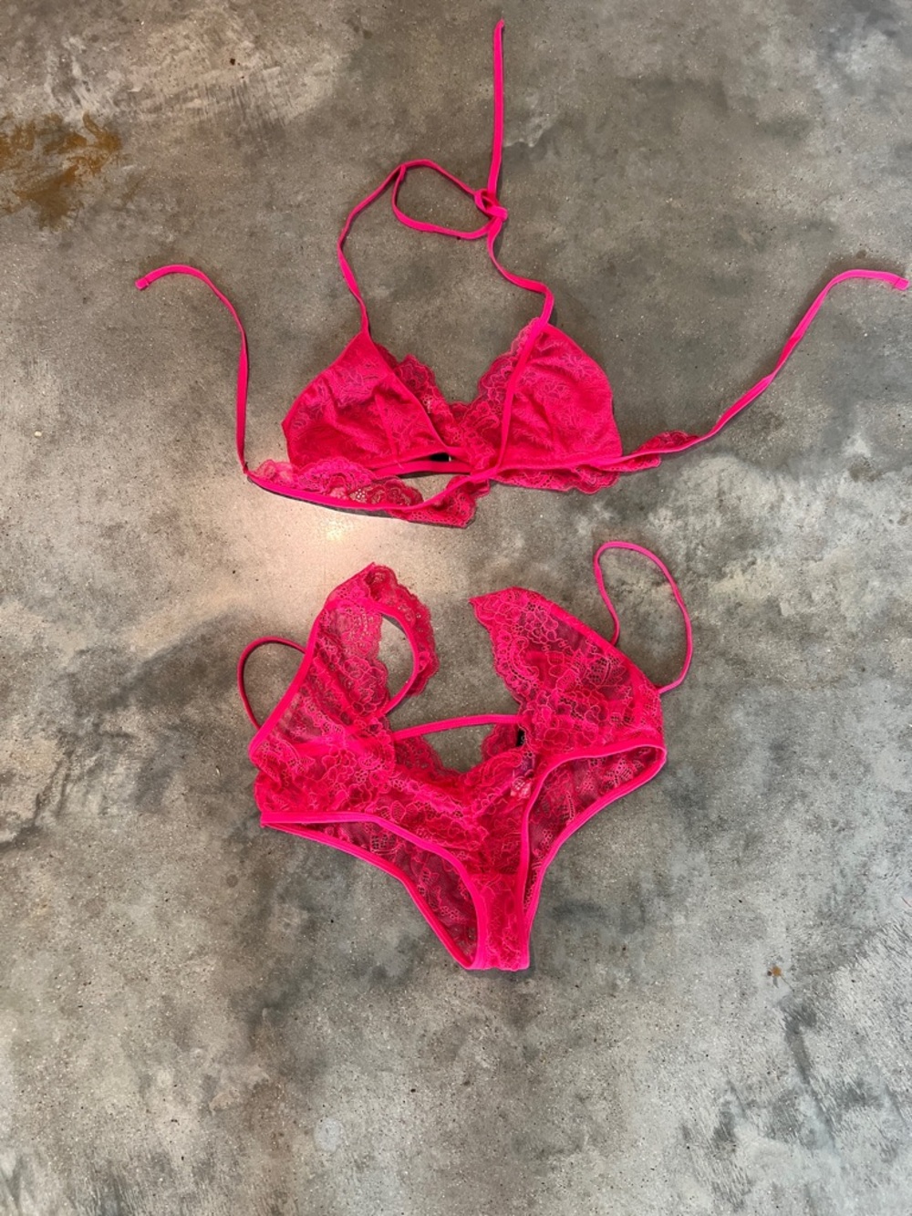 Lace Triangle Bralette & Bikini Set - Vibrant Pink